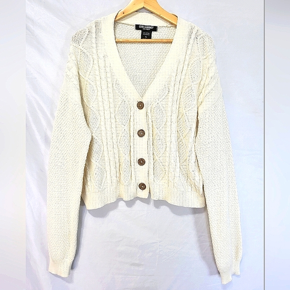 Love & Whimsy Cream Cable Knit Cropped Chic Preppy Old-money Button Cardigan